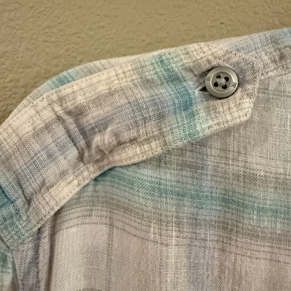 Banana Republic Button Up Shirt Men Large White Teal Plaid Linen Epaulets Beachy